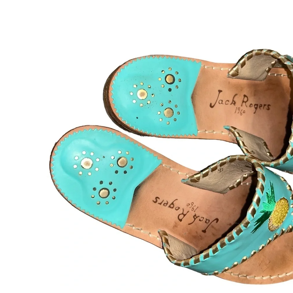 Jack Rogers turquoise /Gold Stitching thong sandals Embroidered pineapples 8